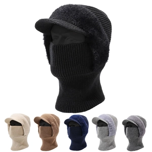 Winter Balaclava Hat Knitted Acrylic Fleece Lined Faux Fur Trim Integrated Neck Warmer With Visor Brim Outdoor Warm