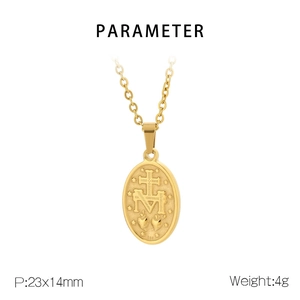 Macro view of gold stainless steel oval pendant with embossed cross and dimensions 23x14mm