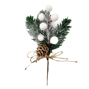 Artificial pine needles with snow, pine cones and red berries for Christmas decor