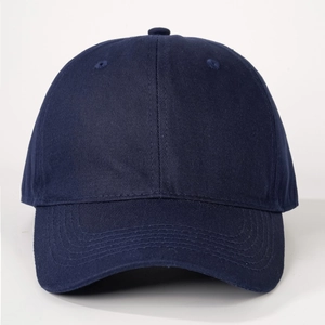 Detailed view of dark blue cotton baseball cap with six-panel design and reinforced stitching