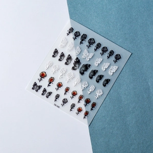 5D embossed nail art stickers featuring black roses and white butterflies style TS-143