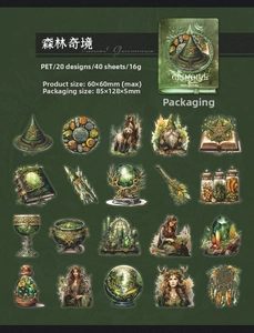 Close-up of 40PCS forest magic theme PET stickers showing witch and grimoire designs