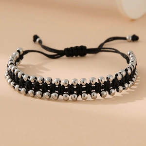 Bracelet cordon noir tissé à la main avec perles en acier inoxydable et lien réglable
