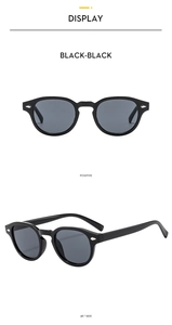Front and side view of vintage round sunglasses with black frames and metal rivets