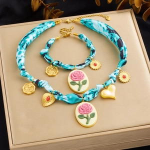 Necklace And Bracelet Stainless Steel Blue Scarf Cloth Fabric Pink Rose Pendant Heart Charms Vintage For Women