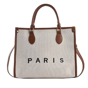 Große Canvas-Tragetasche mit Paris-Aufdruck und braunem Lederbesatz für Damen als Umhängetasche