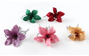 Detailed set of five velvet flower boutonniere pins with pearls for wedding attire