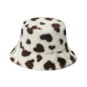 Plush heart pattern faux fur bucket hat for women with warm winter thermal design
