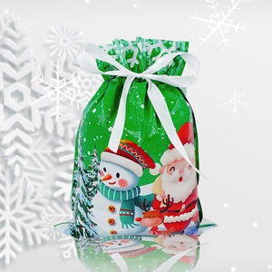 Detail showing green Christmas drawstring gift bags with Santa and snowman patterns