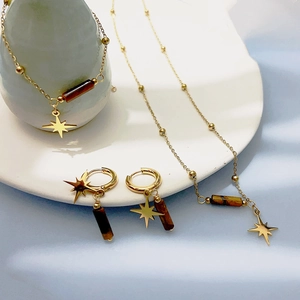 Octagram Necklace Bracelet Earrings Stainless Steel 18K Gold Plated Natural Tiger Eye Stone Fashion For Women