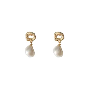French Baroque style gold liquid metal earrings with white irregular freshwater pearls