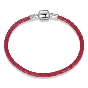 Red braided leather bracelet with polished silver S925 sterling silver barrel clasp