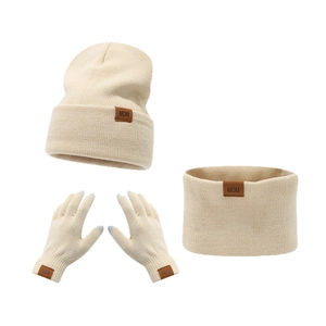Winter knitted set with MOM patch, includes beanie, neck warmer, and touch screen gloves