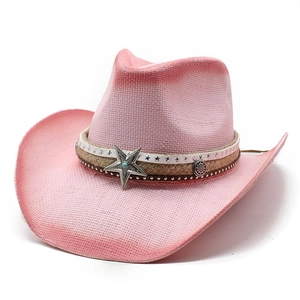Detail of pink woven cowboy hat with turquoise star emblem and hemp rope trim