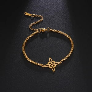 Golden stainless steel box chain bracelet featuring a retro cutout witch knot charm
