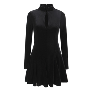 Slim fit black velvet mini dress with hollow-out neck and long sleeves in elegant A-line style