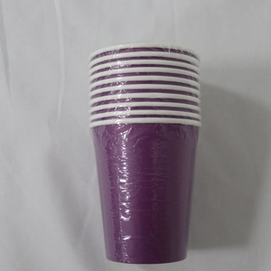 Stack of purple disposable paper cups with white rims wrapped in clear plastic film