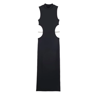 Abito Maxi da Donna Sexy Cut Out con Catena di Strass Senza Maniche Collo Alto Aderente Slim Fit Nero per Feste e Night Club