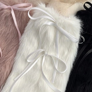 Jambières en fausse fourrure Y2K rose, blanc et noir avec d'élégants nœuds ruban