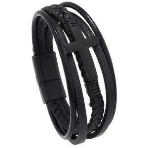 Detail of multi-layer black leather bracelet featuring a metal cross and magnetic clasp