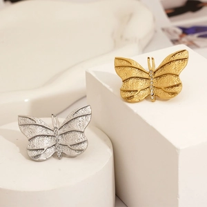 Elegant stainless steel butterfly brooch set with frosted texture and sparkling rhinestones