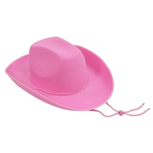 Detailansicht eines pinkfarbenen Cowboyhuts aus Filz mit verstellbarer Kordel und gebogener Krempe