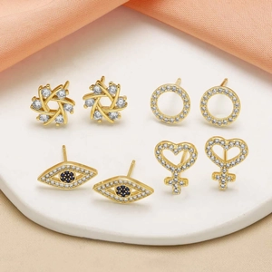 Minimalist Copper 18K Gold Plated Zircon Stud Earrings Geometric Tiny Star Flower Heart Evil Eye For Women