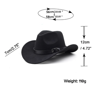 Classic black felt western cowboy hat with leather belt strap, 56-58cm adjustable size