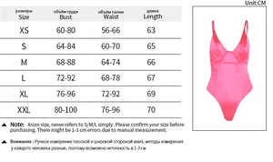 Size guide table for women's spaghetti strap bodysuit showing bust and length in cm