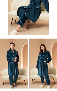 Detailed view of heavy navy coral fleece bathrobe with contrasting white piping detail