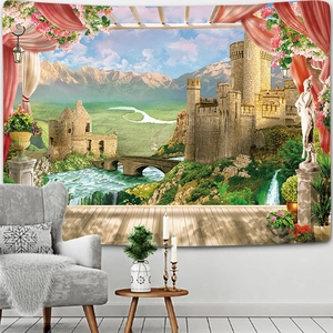 Detail of wall tapestry featuring a fantasy castle landscape with waterfall and bridge