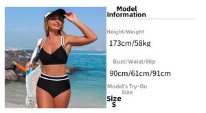 Size chart and model measurements for black bikini with white trim at beach