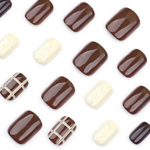 Short square chocolate brown and cream white press-on nails with autumn plaid pattern
