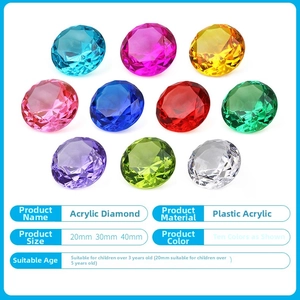Detailed chart of colorful acrylic crystal gems in 20mm 30mm and 40mm sizes for kids
