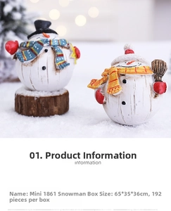Close-up of resin snowmen with textured finish on wood base and snowy background