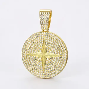 Hip-hop gold plated round starburst pendant necklace with sparkling white zircons