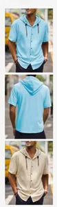 Detailed views of casual men's linen short sleeve hooded shirts in light blue and beige