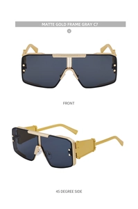 Front and profile views of matte gold square sunglasses with gray UV400 lenses