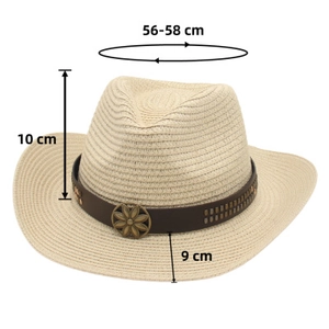 Tableau détaillé des tailles du chapeau de cowboy en paille avec mesures du bord et de calotte