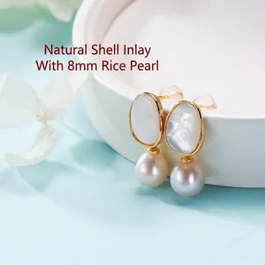Elegant 8mm teardrop pearl earrings with natural shell inlay in golden frames
