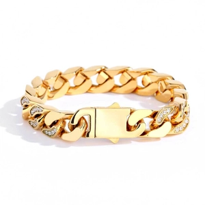 Polished gold 12mm stainless steel Cuban link bracelet with clear zircon stones