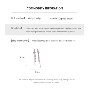 Detailed size and material specification chart for geometric tassel drop earrings