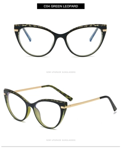 Detail of C04 cat-eye glasses with green leopard pattern and gold metal spring hinges