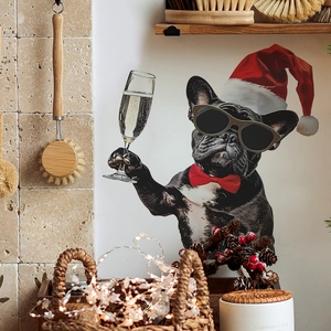 Christmas French Bulldog Wall Sticker PVC Removable Decal Dog With Santa Hat Sunglasses For Home Kitchen Festive Decor