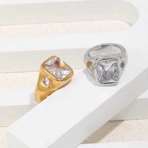 Chunky Stainless Steel Ring Square Zircon Round Side Stone Heavy Industrial Style Vintage Fashion Jewelry For Women