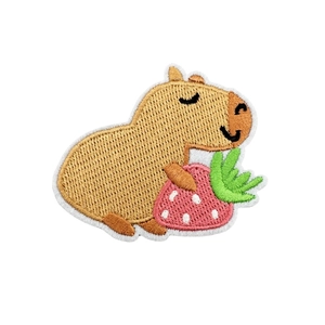 Cute capybara embroidery patch holding strawberry, detailed cartoon iron-on for clothing