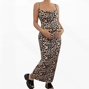 Sleeveless leopard print maternity maxi dress with backless halter design for women