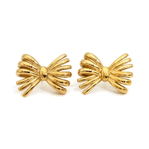 Polished gold-plated stainless steel bow earrings with 3D ribbon design on white background