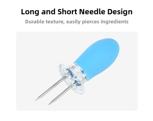 Detail of blue corn holders with dual-length stainless steel pins for BBQ and grilling