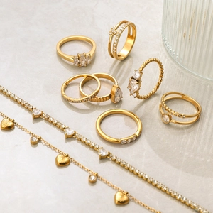 Gold plated stainless steel jewelry set with zircon rings and heart pendant necklace